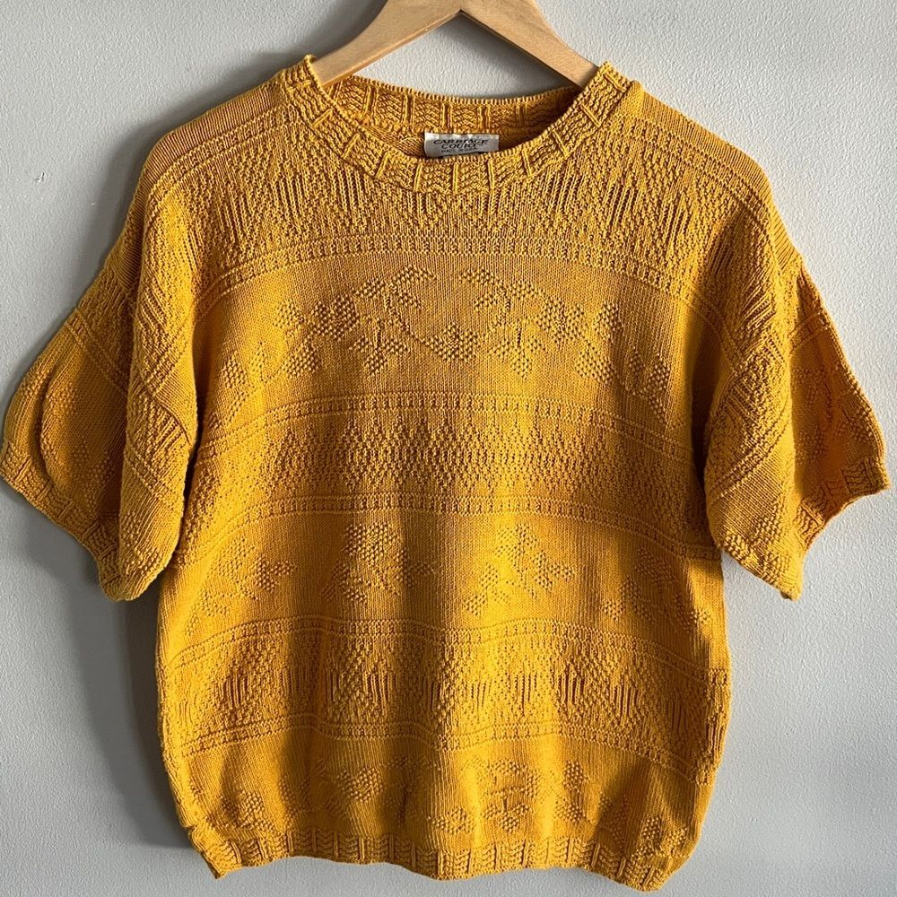Vintage Carriage Court Mustard Cotton Knit Sweater Made USA Short Sleeve